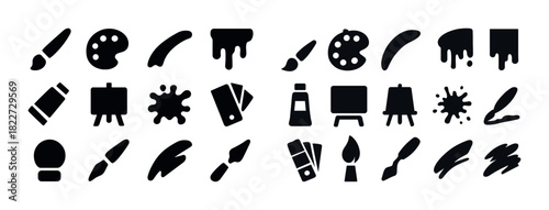 Art tools icons collection: brushes, palettes, easels, and paint splatters
