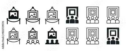 Art gallery icon set featuring people and framed pictures