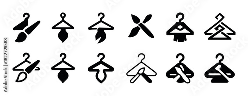 Abstract clothing hanger icons with creative brush and leaf designs
