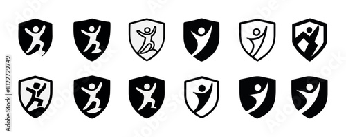 Silhouette athletic logos on shields in black and white