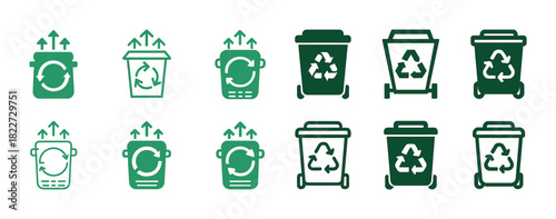 Green recycling bins and icons set with arrows for waste management