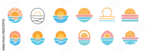 Sunset icon set with abstract ocean waves in pastel colors
