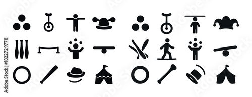 Circus icons set: juggling, unicycle, tent, acrobatics, clown hat, balancing