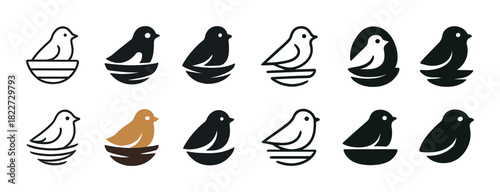 Bird icon set: minimalist designs of birds in various styles and colors