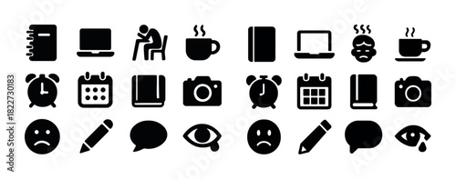 Collection of office and communication icons including laptop, coffee, and calendar