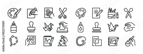 Collection of art and craft icons: brushes, scissors, origami, paint palette, sketchbook