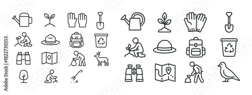 Gardening and nature conservation icons: tools, plants, maps, wildlife, recycling