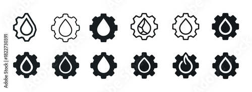 Set of water droplet and gear icons in various styles and designs