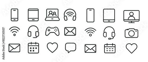 Set of modern tech icons: smartphone, laptop, tablet, gaming, camera, email symbols