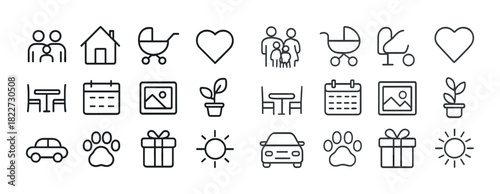Minimalist icons: family, home, stroller, heart, gift, sun, car, plant, calendar, table