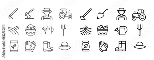 Monoline farming icons set: tools, farmer, tractor, harvest, gardening