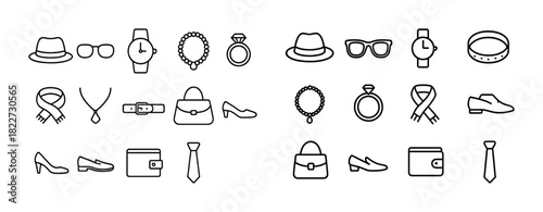 Collection of fashion and accessory line icons including hats, watches, jewelry, shoes, bags, and ties