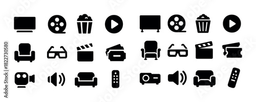Home theater icons: television, popcorn, film reel, remote, glasses, projector, speakers
