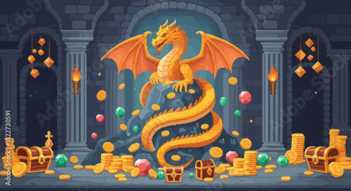Majestic Golden Dragon Guarding Ancient Treasure in a Mystical Castle Chamber.