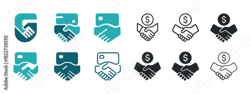 Business handshake icons with money symbols in various styles