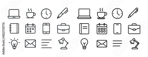 Office essentials icons: laptop, coffee mug, clock, pen, notebook, calendar, smartphone