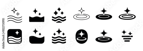 Set of sparkle water icons with waves and stars in black and white