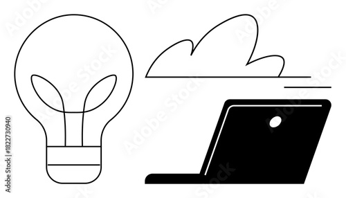 Lightbulb representing ideas, cloud symbolizing technology, and laptop embodying productivity. Ideal for innovation, brainstorming, remote work, tech development, creativity, design education