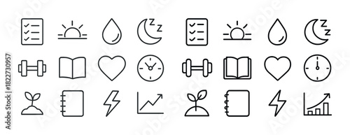 Minimalistic line icons: fitness, nature, time, and productivity symbols