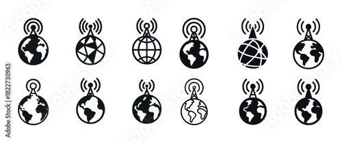 Global connectivity icons with simple earth and antenna designs
