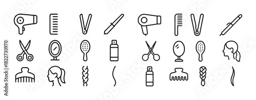 Line art icons: hair dryers, combs, scissors, mirrors, hairbrushes, shampoo bottles
