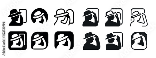 Variety of hat-wearing silhouette icons with smartphone interaction