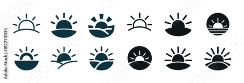 Sunset and sunrise icon set in various styles