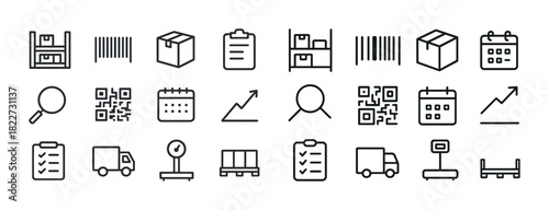 Warehouse and logistics icons: barcodes, boxes, calendars, and graphs