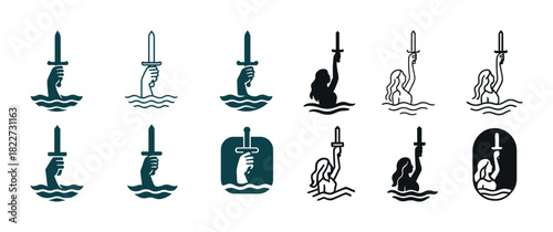 Icons of hands holding swords emerging from water in various styles
