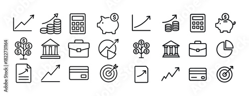 Finance icons set: graphs, calculator, piggy bank, money growth
