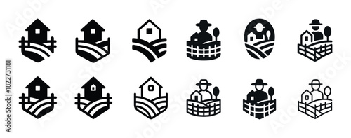Set of farmhouse and farmer icons in black and white