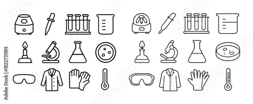 Laboratory equipment icons: microscope, beaker, test tubes, bunsen burner, safety gear