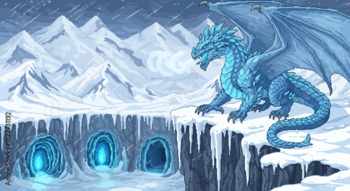 Majestic Ice Dragon Guards Ancient Frozen Caves in a Winter Mountain Landscape.