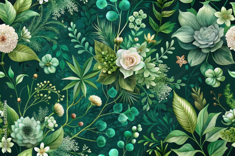 custom made wallpaper toronto digitalEmerald Green Botanical Garden Floral Seamless Pattern Design Featuring Lush Foliage and Delicate Blooms