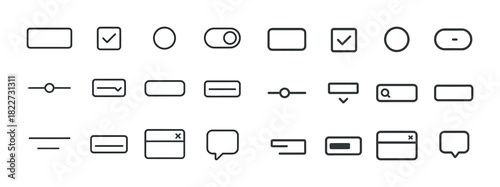 Minimalistic ui icon set: buttons, sliders, and dialogs in black and white design
