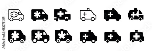 Medical ambulance icon set - emergency vehicle symbols in black and white