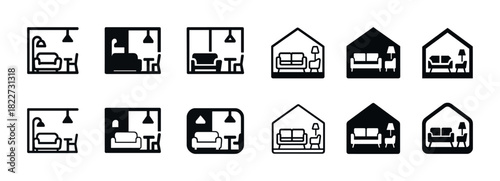 Minimalist living room icons set featuring modern furniture and home interiors