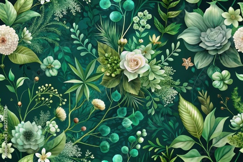 Wallpaper Mural Emerald Green Botanical Garden Floral Seamless Pattern Design Featuring Lush Foliage and Delicate Blooms Torontodigital.ca