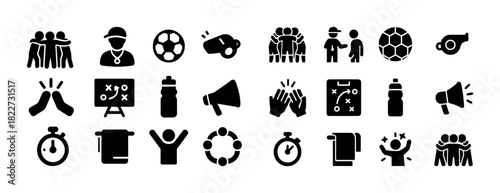 Icon set of sport and teamwork symbols including soccer and strategy elements
