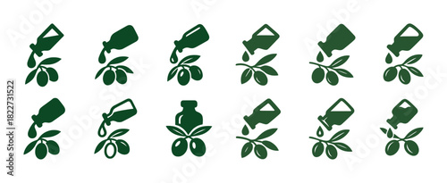 Set of green olive oil bottle and olive branch icons on white background