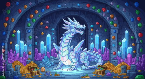 Majestic Ice Dragon Guards Crystal Cave Treasure.