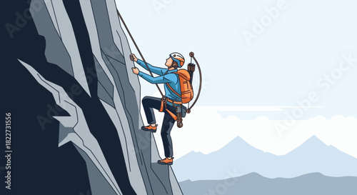 Man climbing a steep mountain with ropes and gear.