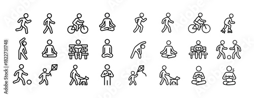 Line icons of people engaging in various activities and sports
