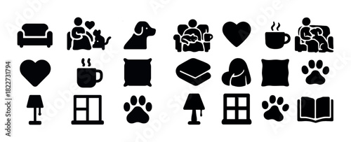 Cozy home icons set with pets, furniture, and relaxation symbols