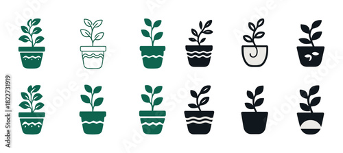 Set of twelve iconic potted plant illustrations in various styles and colors