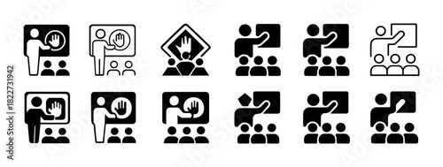 Set of twelve black and white teaching and presentation icons