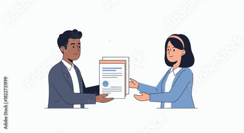 Man giving documents to a woman business transaction.