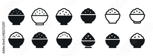 Assorted bowl icons with rice - silhouette and outline variations