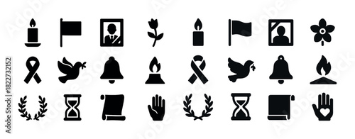 Set of memorial icons: candle, flag, portrait, rose, dove, ribbon, bell, laurels