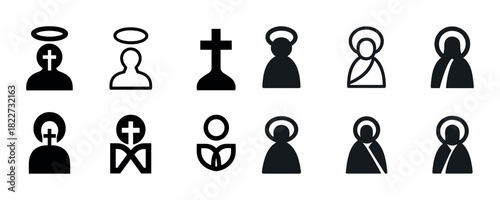 Icon set featuring religious symbols and halo figures in various styles